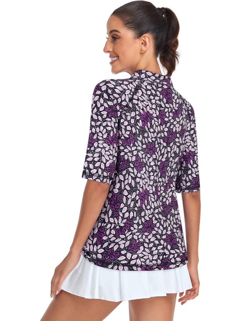 Women Black Purple Leaf Golf Polo Quick Dry Half Sleeve 1/4 Zip Tennis Top M-3XL - Picture 2 of 5